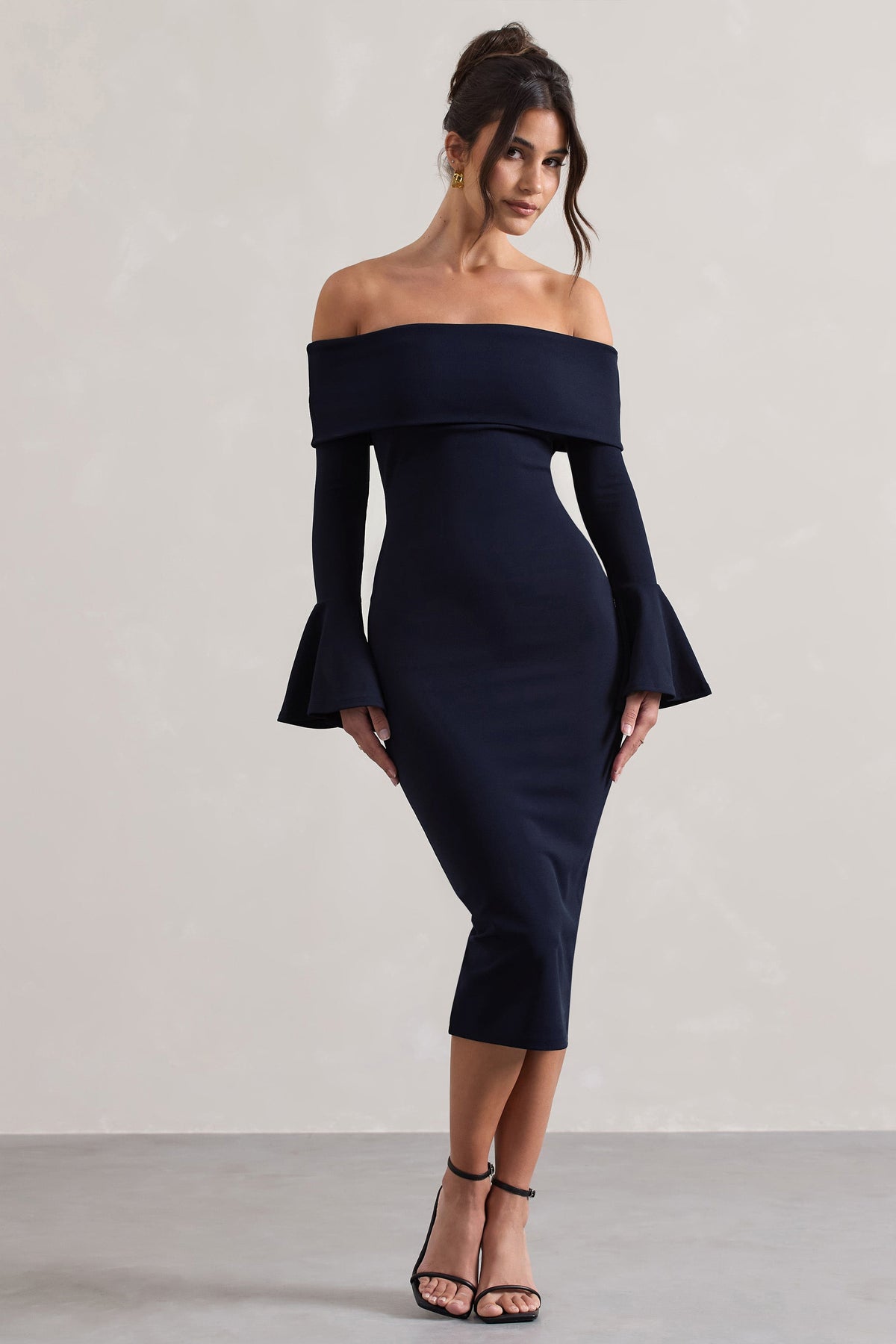 Emma Navy Bardot Flared Sleeve Midi Dress Club L London UAE