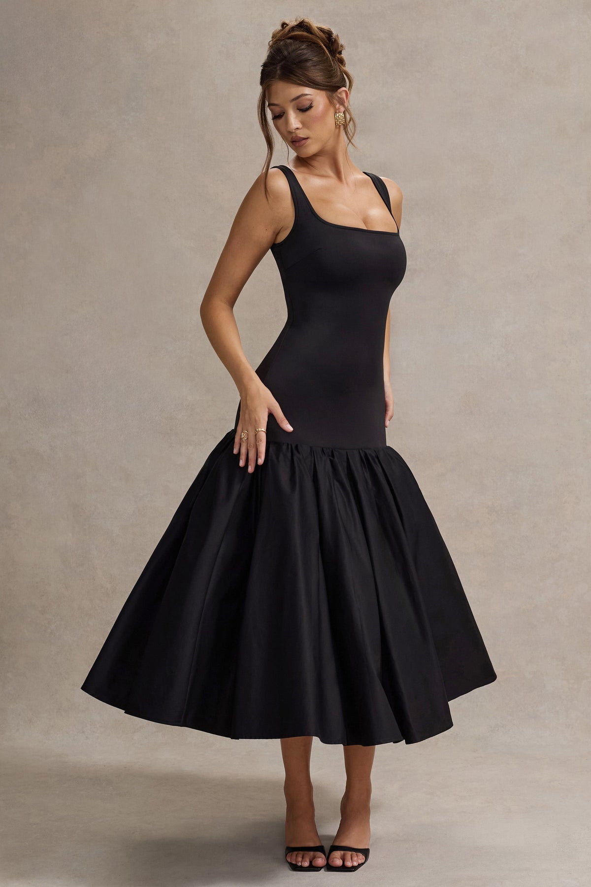 Parida | Black Poplin Drop-Waist Midi Dress With Peplum Hem