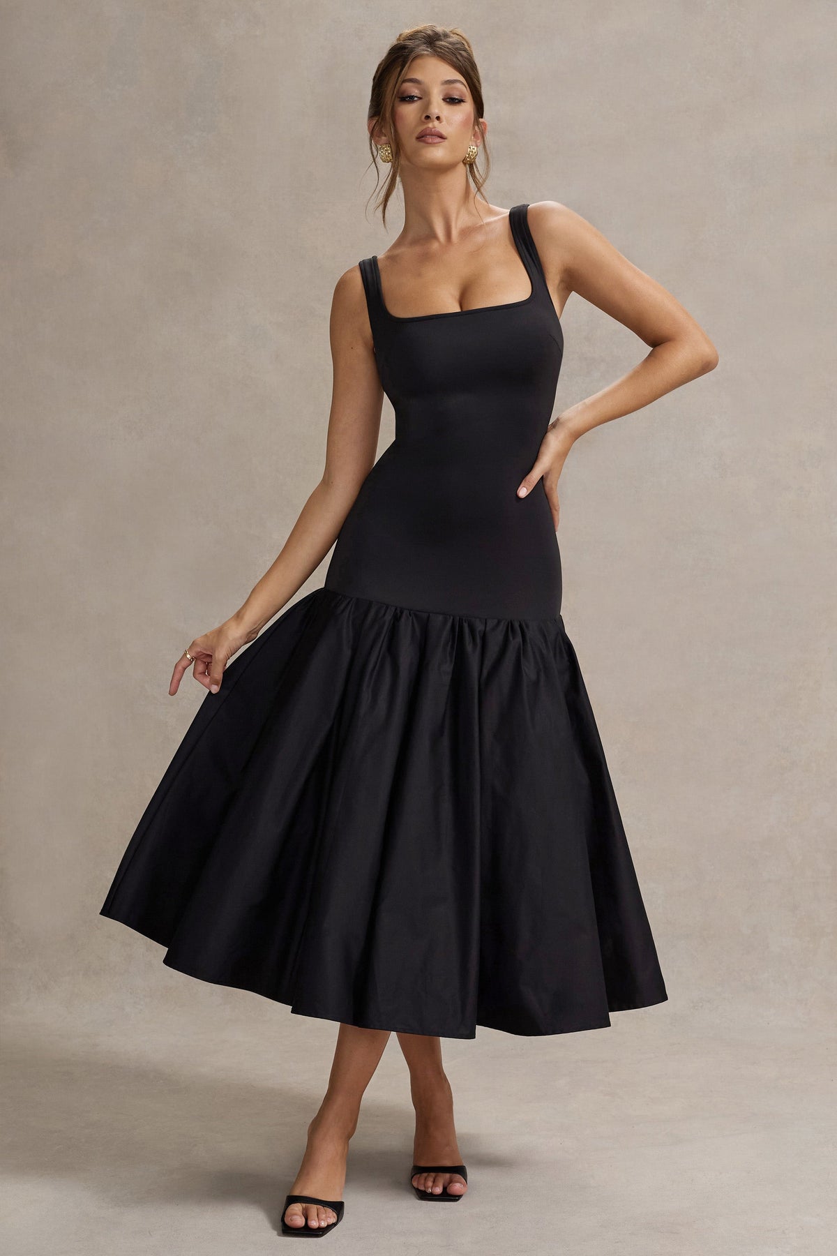 Parida | Black Poplin Drop-Waist Midi Dress With Peplum Hem
