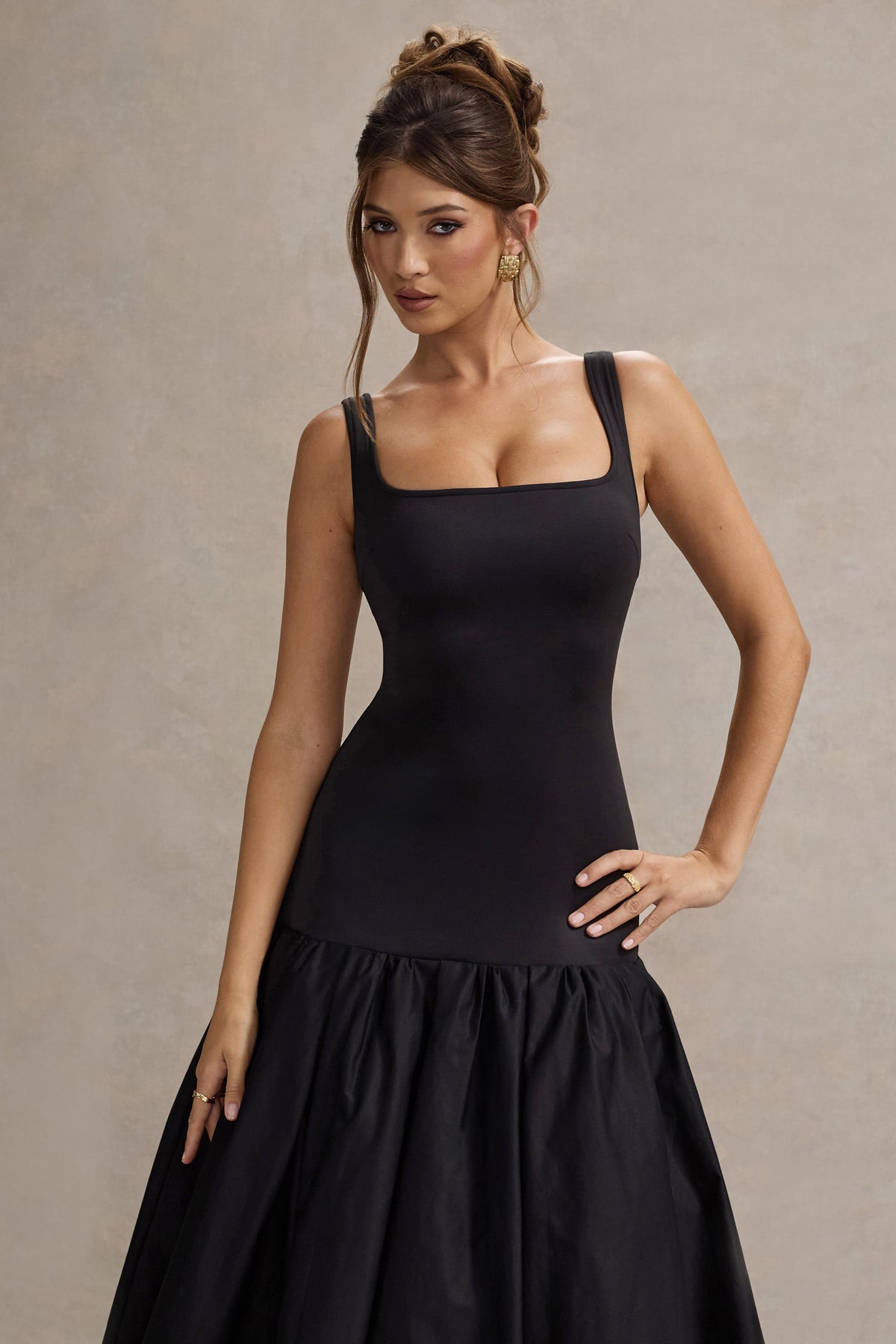 Parida | Black Poplin Drop-Waist Midi Dress With Peplum Hem