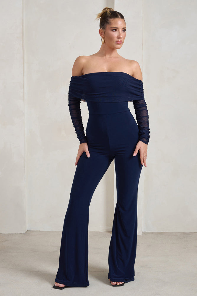 Club L Navy Bardot Jumpsuit Whisper Navy Ruched Mesh Bardot