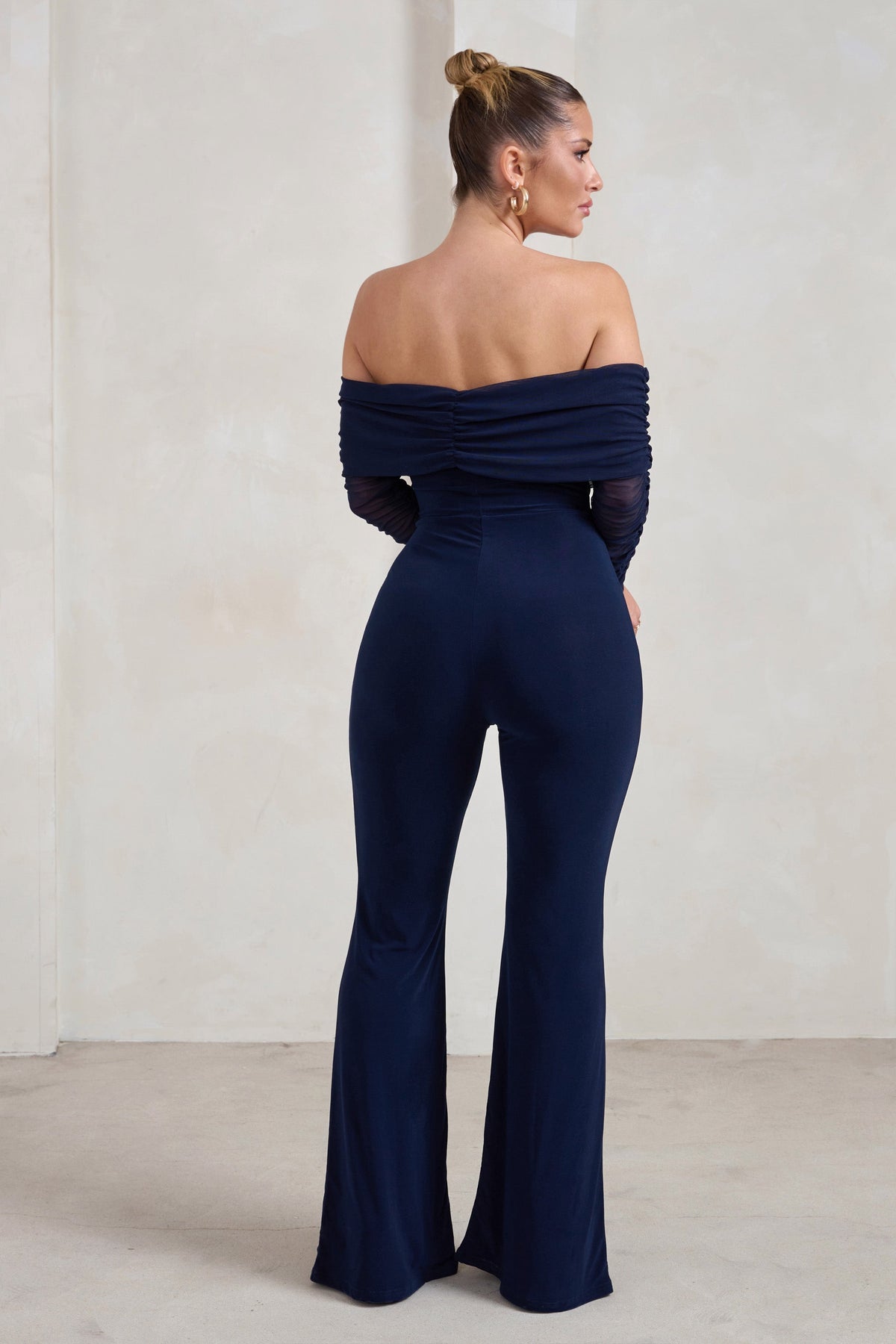 Whisper | Navy Ruched Mesh Bardot Jumpsuit