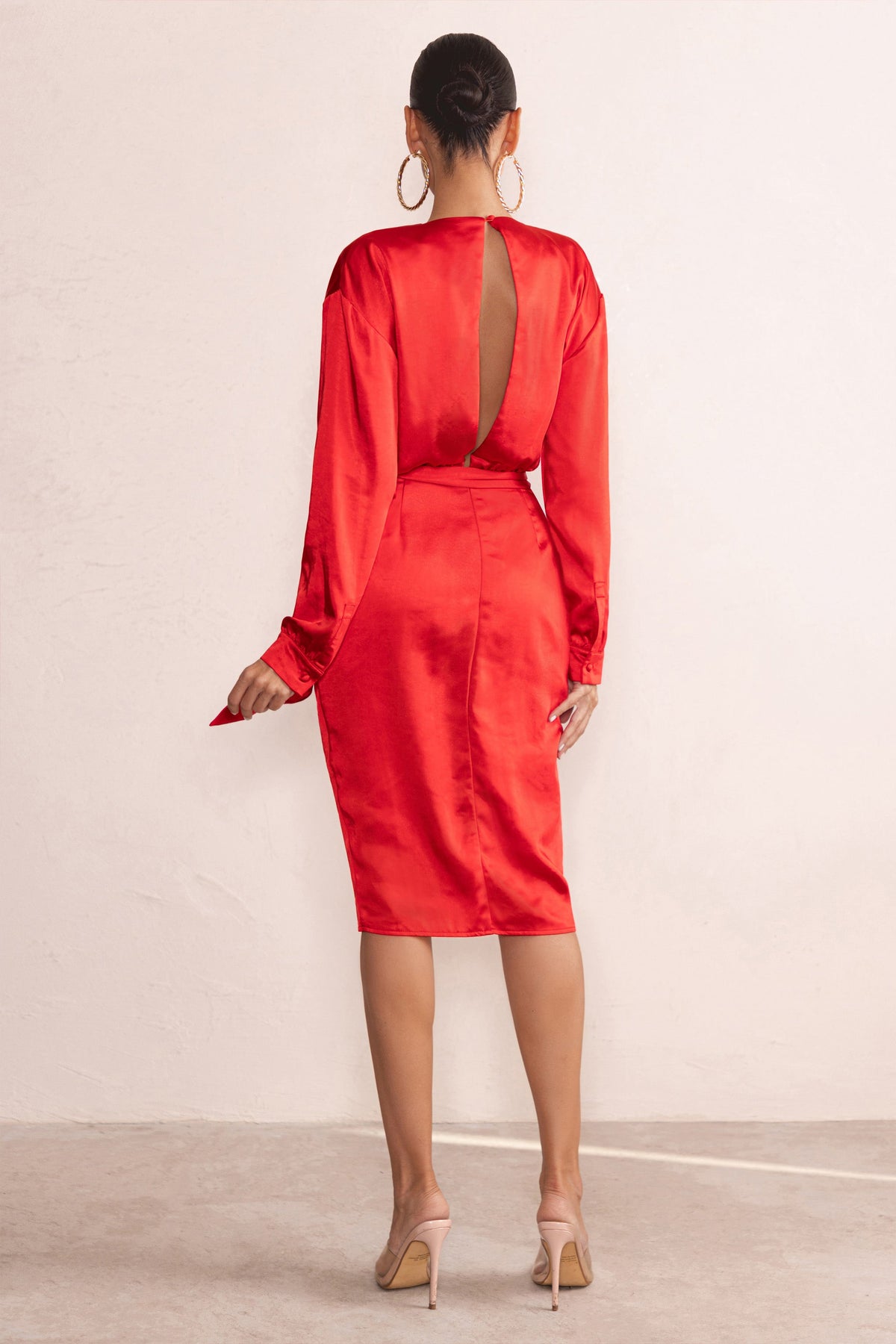 True Romance | Red Satin Plunge Neck Midi Dress With Belt Detail