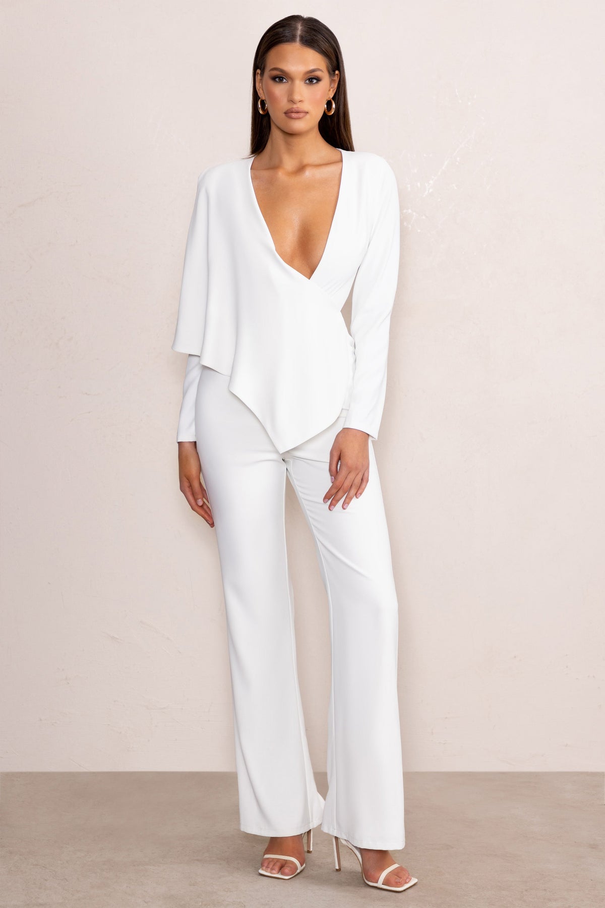 Erika | White Plunge Jumpsuit with One-Shoulder Cape Overlay