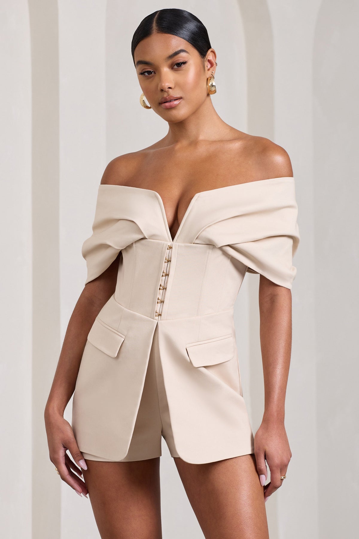 Damsel | Stone Cotton-Blend Corset Bardot Playsuit