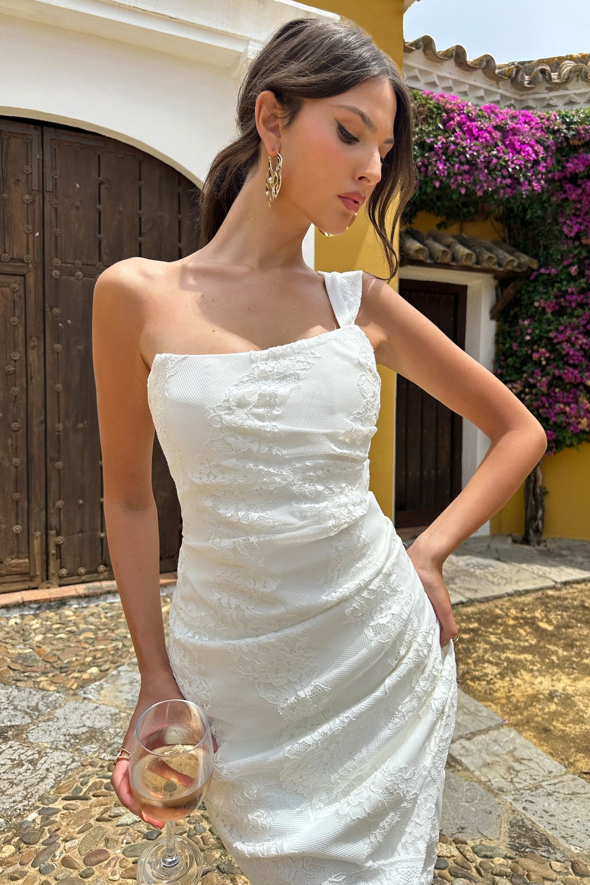 Dentelle White Lace Corset Wrap Midi Dress Club L London UAE