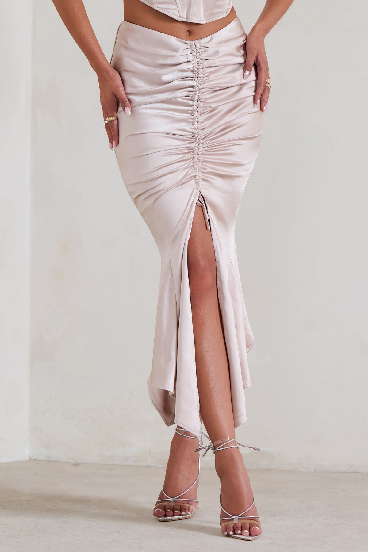 White satin ruched skirt cheap
