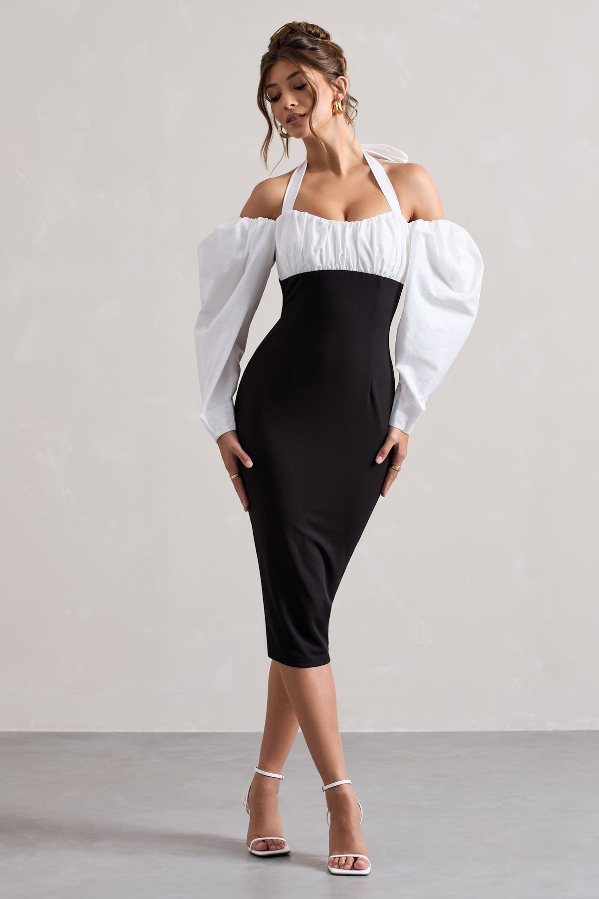 Couture Client | Black Halter-Neck Puff Sleeve Midi Dres
