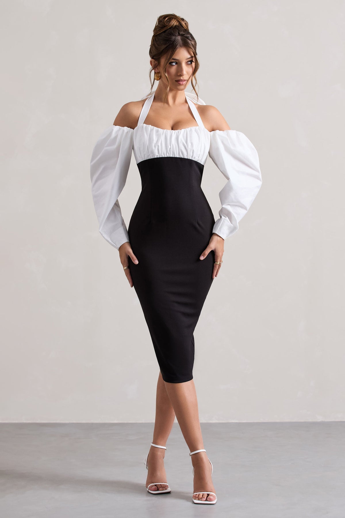 Couture Client | Black Halter-Neck Puff Sleeve Midi Dres
