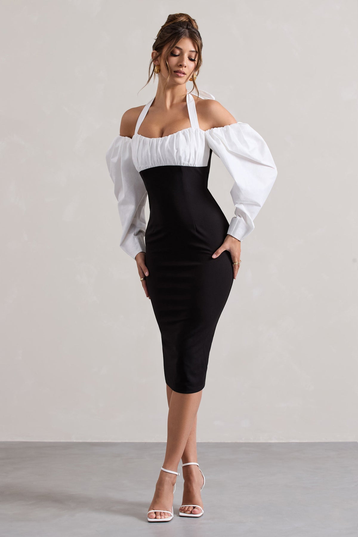 Couture Client | Black Halter-Neck Puff Sleeve Midi Dres