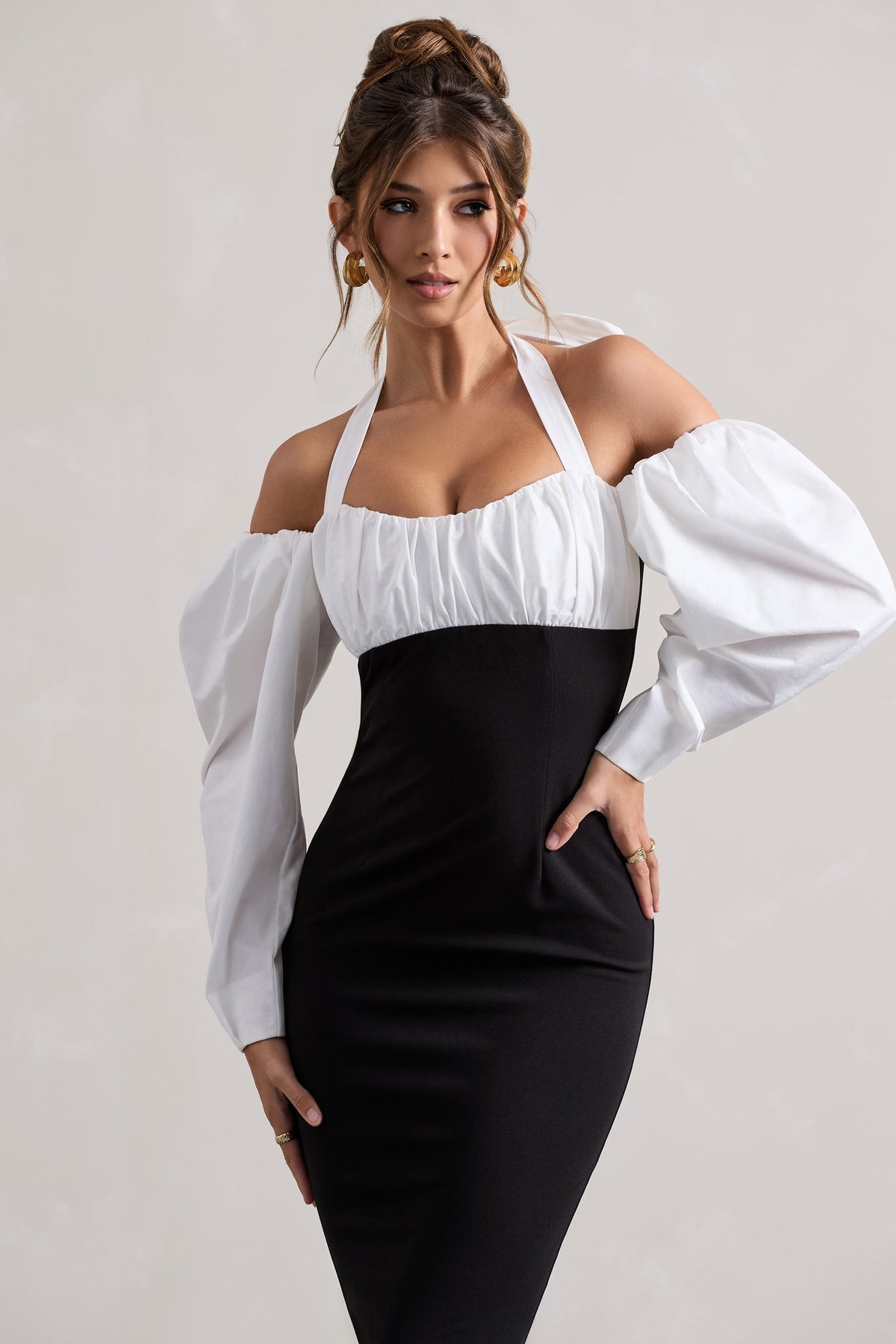Couture Client | Black Halter-Neck Puff Sleeve Midi Dres