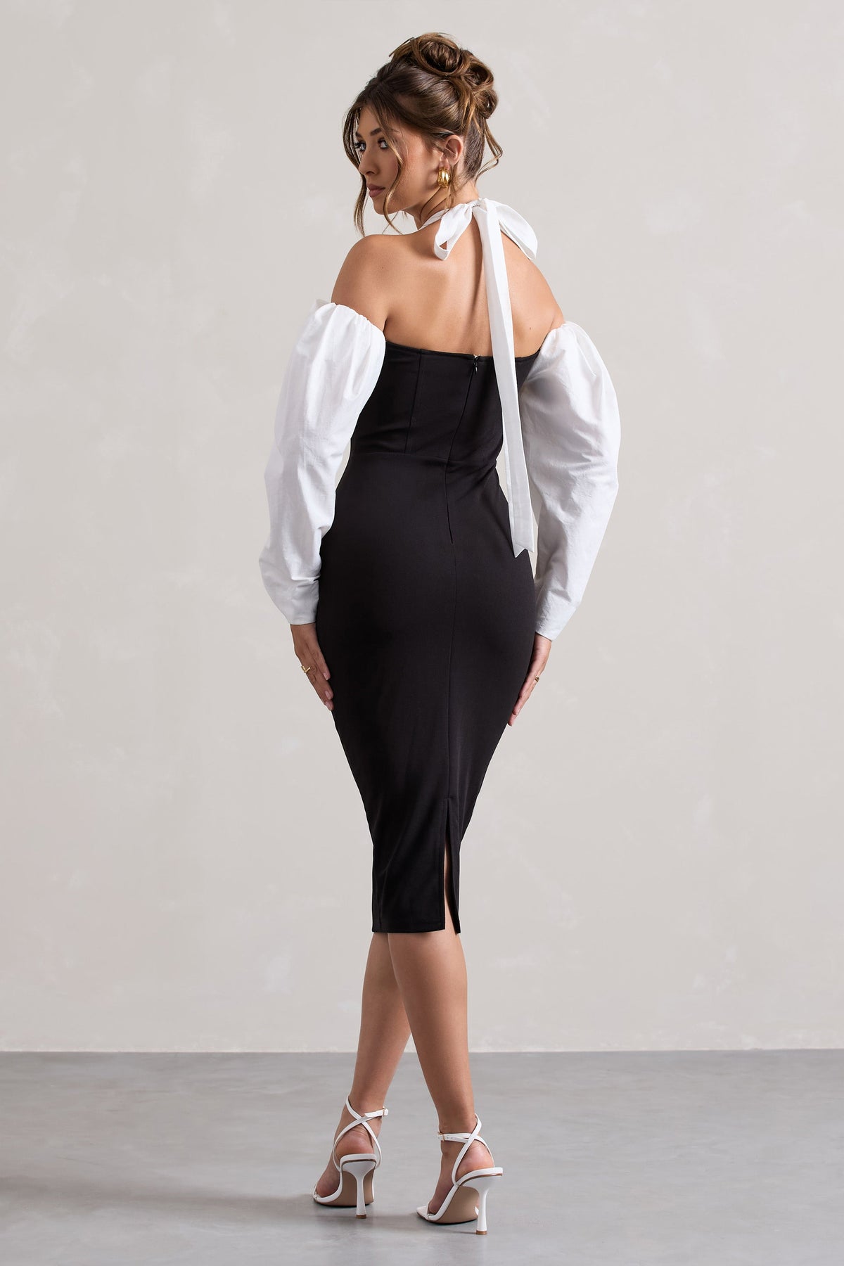 Couture Client | Black Halter-Neck Puff Sleeve Midi Dres