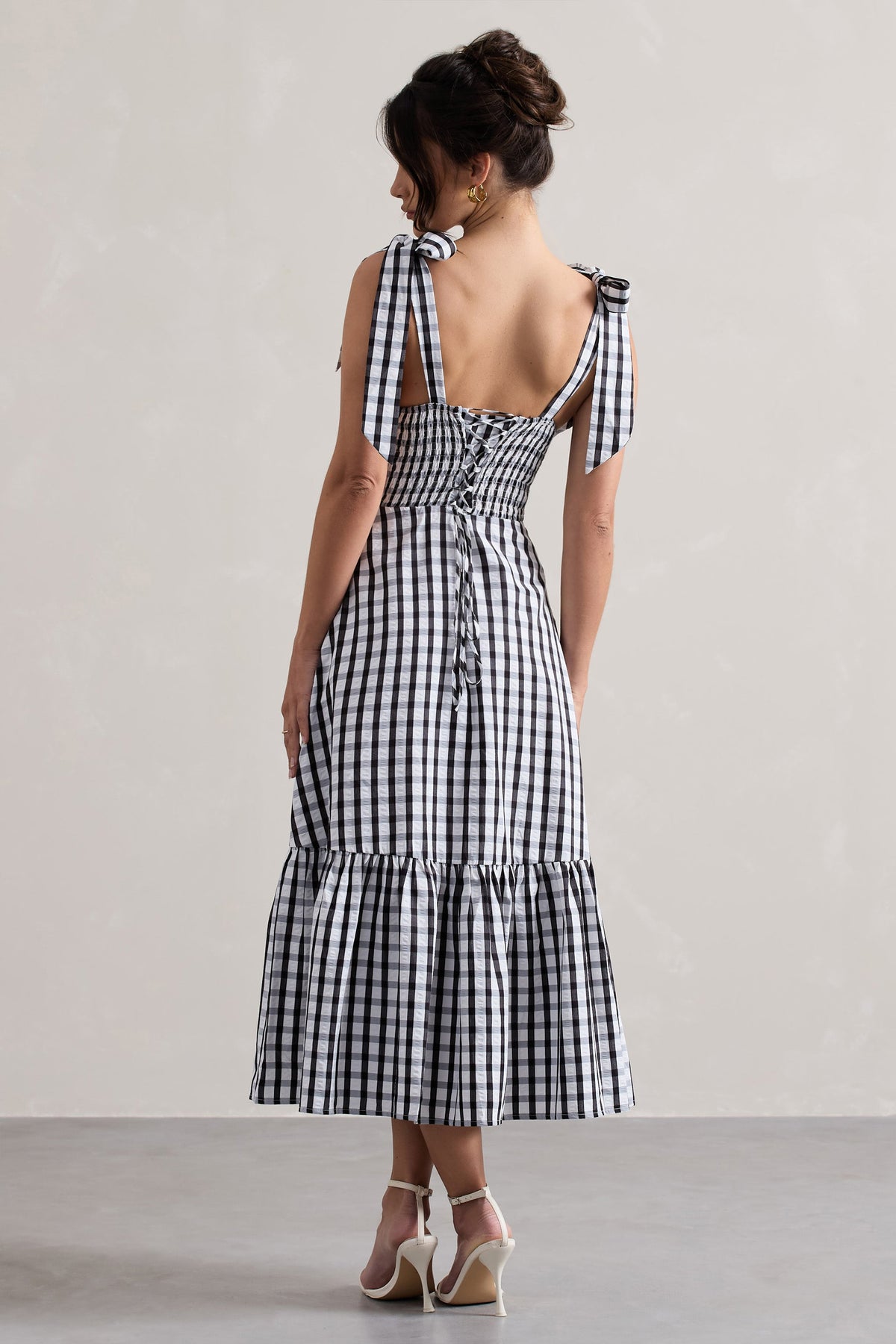 Brighton | Black & White Gingham Sweetheart Split Midi Dress