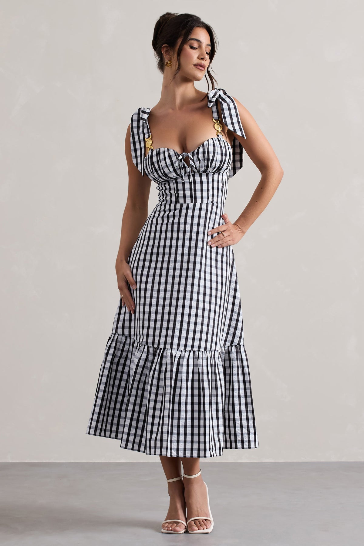 Brighton | Black & White Gingham Sweetheart Split Midi Dress
