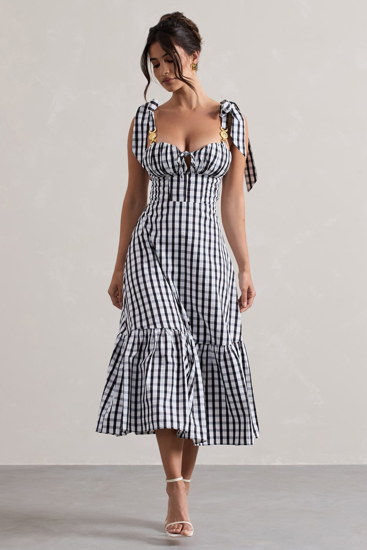 Brighton | Black & White Gingham Sweetheart Split Midi Dress