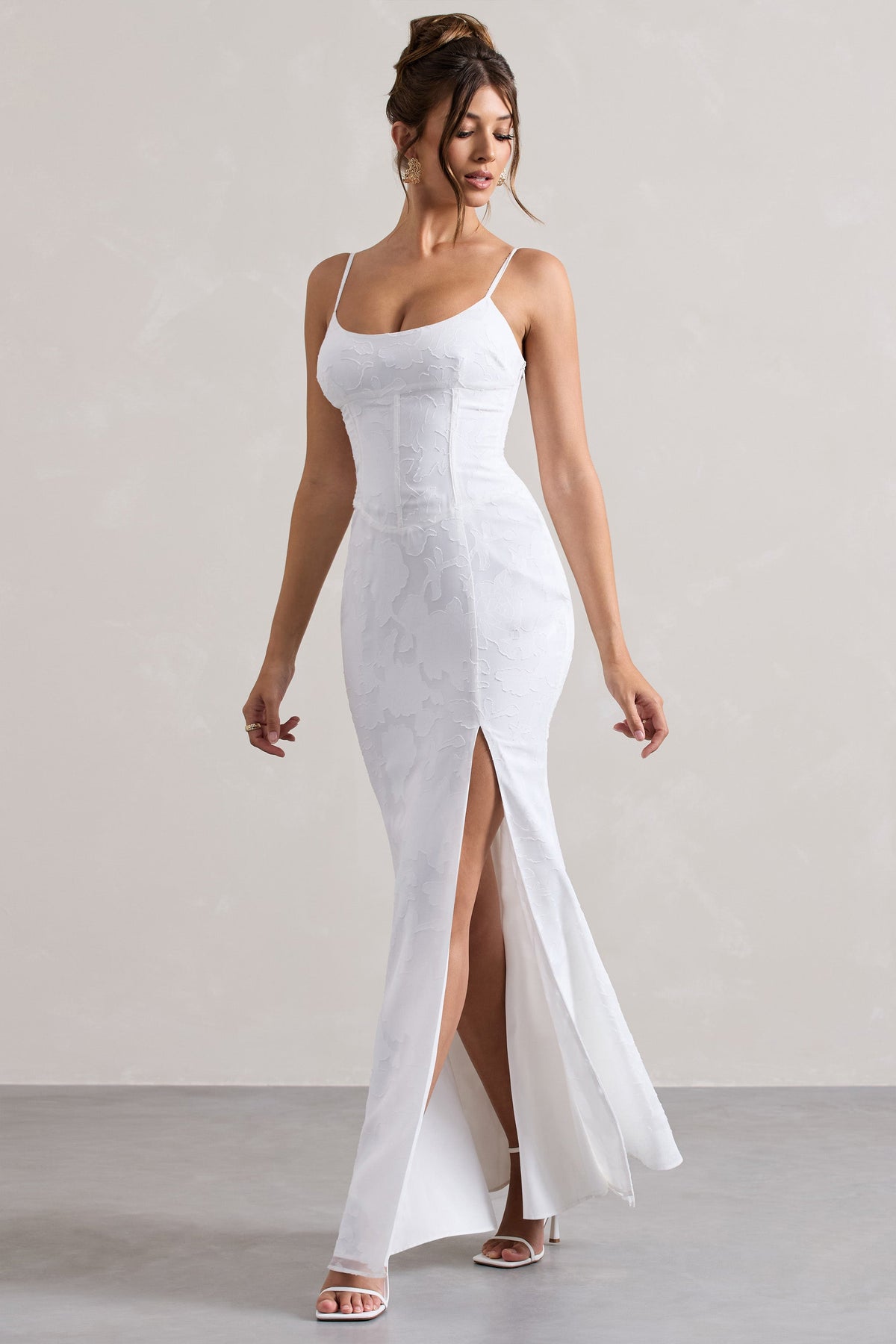 Intimacy White Lace Corset Split Maxi Dress Club L London UAE
