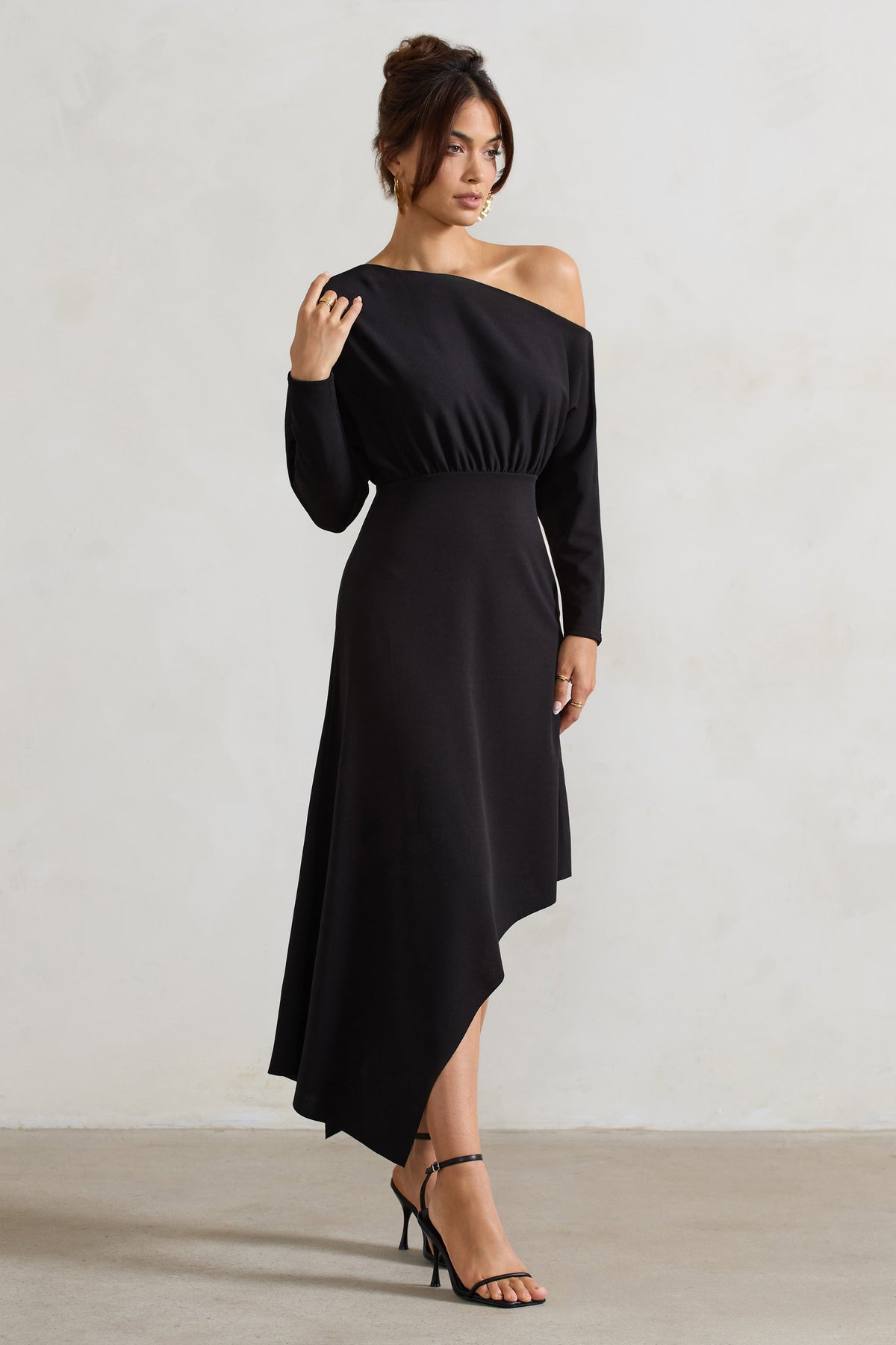 Lori | Black Asymmetric Long-Sleeve Maxi Dress