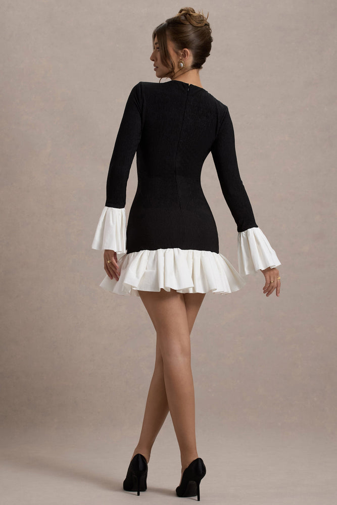 Josefina Black Long-Sleeve Mini Dress With White Satin Trims