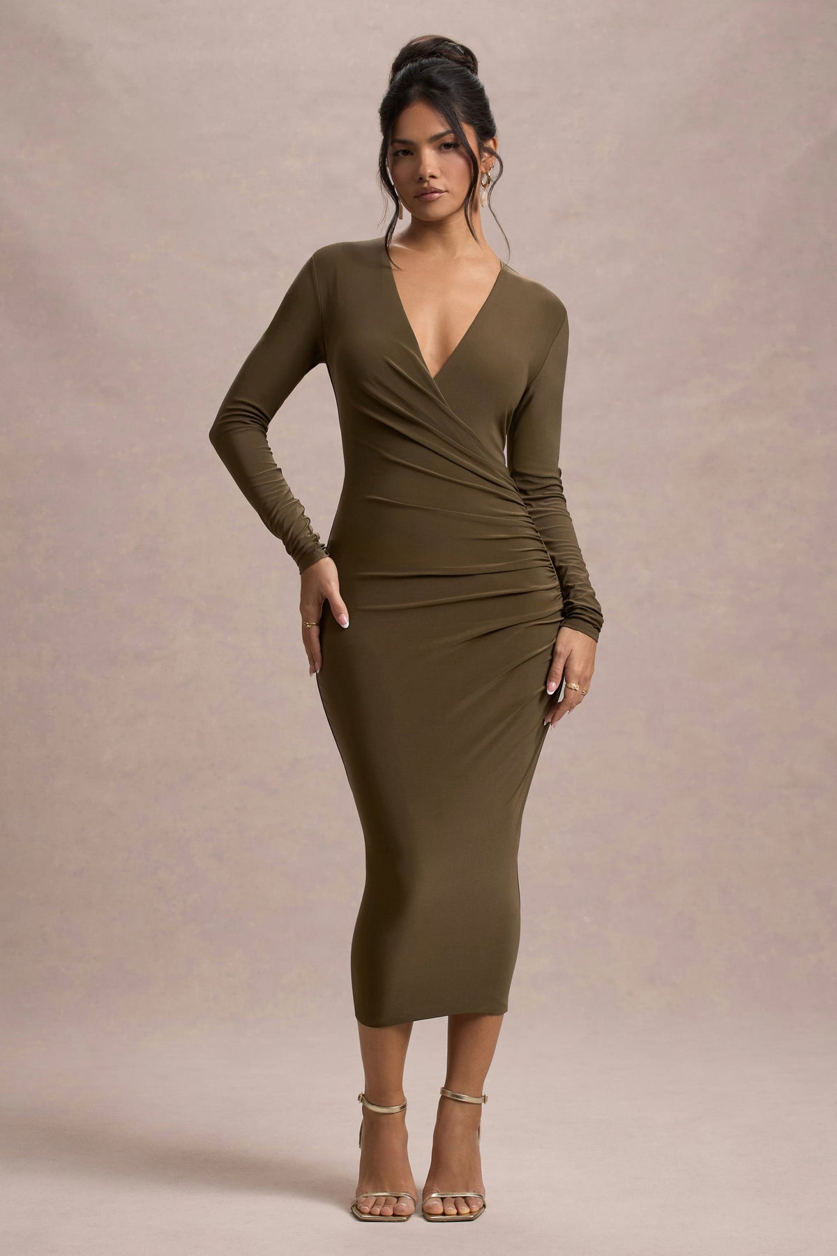 Marcia Khaki Bodycon Plunge Neck Midi Dress Club L London UAE