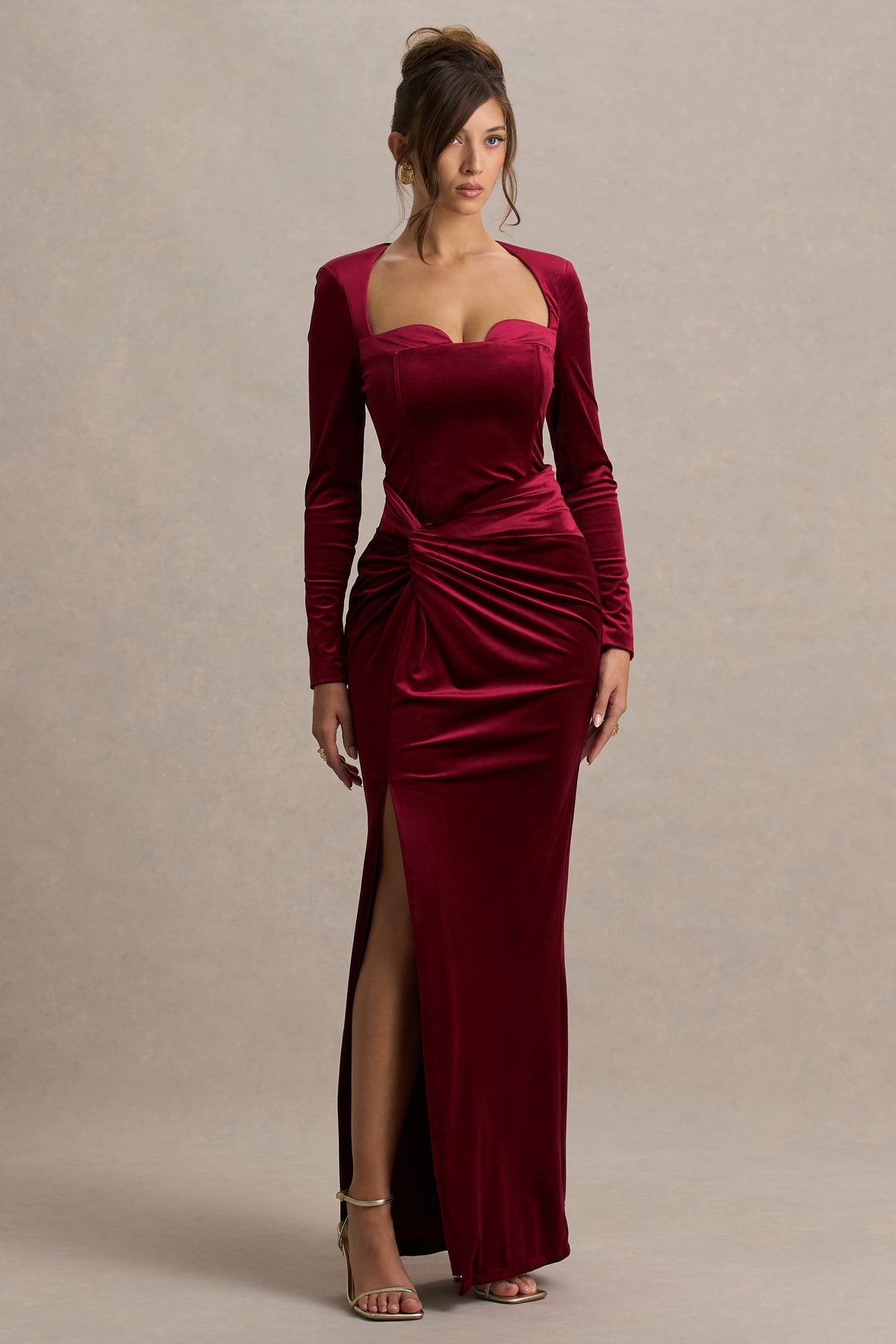 Fay Berry Velvet Corset Style Knot Maxi Dress - Main Image